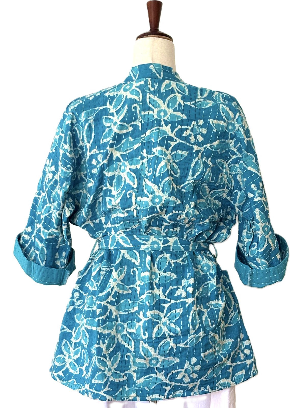 Kantha Quilted Short Handmade Cotton Jacket, Fully Reversible. (Turquoise)