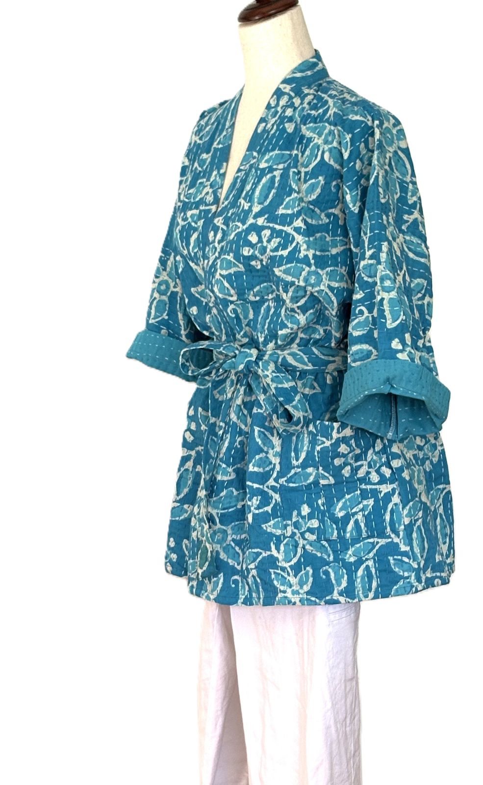 Kantha Quilted Short Handmade Cotton Jacket, Fully Reversible. (Turquoise)