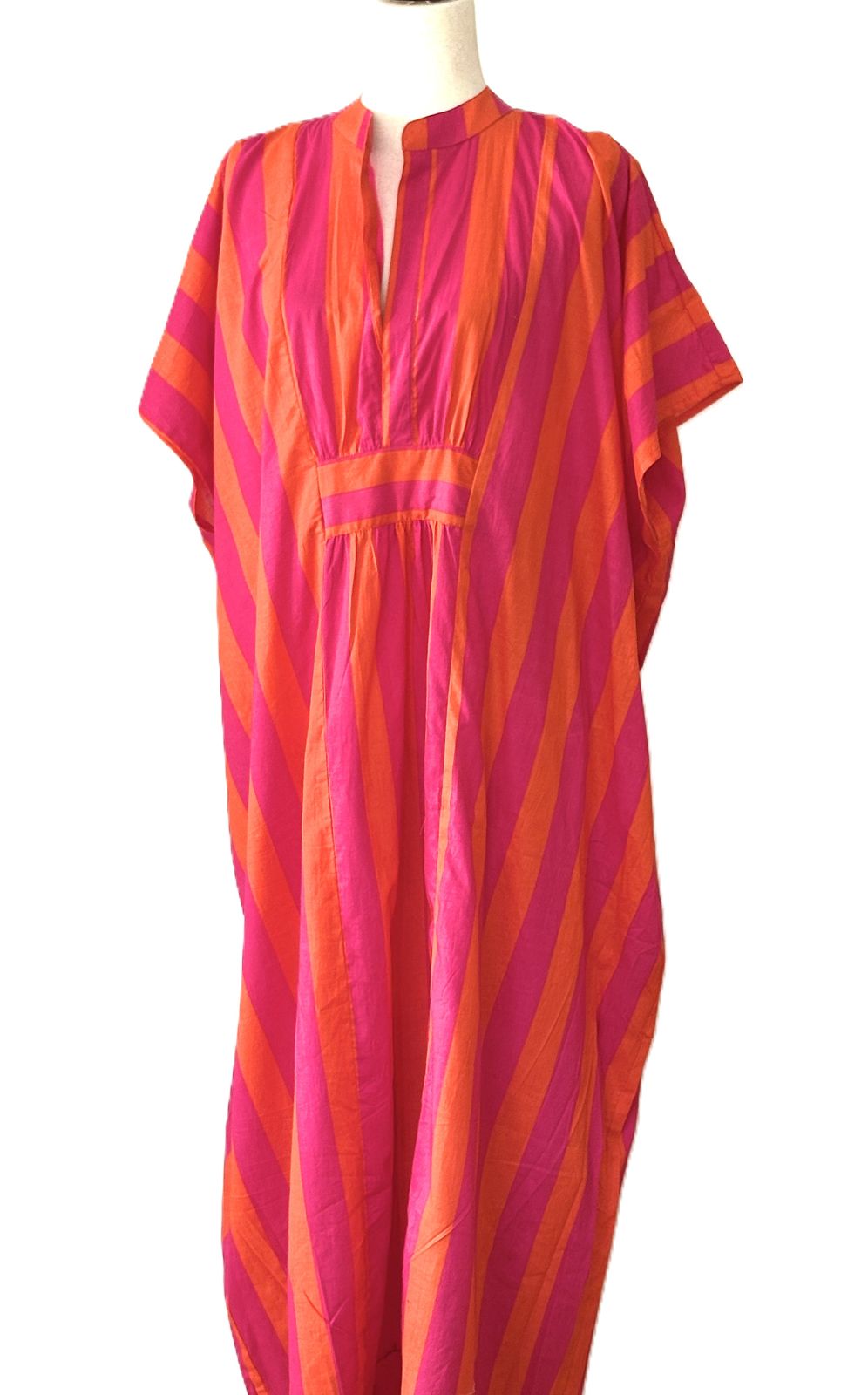 Stylish Handmade Cotton Caftan, Striped Beach Cover-up, Resort Wear (Pink Orange Stripe)
