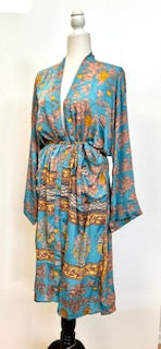 Top of the Line Silk Kimono Duster,  Complex Print (Pastel Blue)