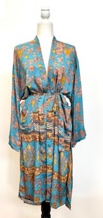 Top of the Line Silk Kimono Duster,  Complex Print (Pastel Blue)