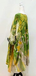 Artisan Kantha Quilt Float Dress. Comfortable and Very Chic (Lime)