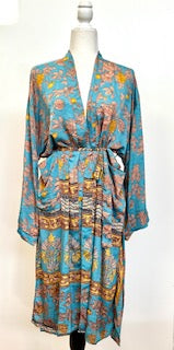 Top of the Line Silk Kimono Duster,  Complex Print (Pastel Blue)