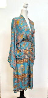 Top of the Line Silk Kimono Duster,  Complex Print (Pastel Blue)