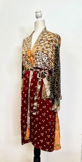 Top of the Line Silk Kimono Duster,  Complex Print (Brown)