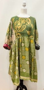 Artisan Kantha Quilt Float Dress. Comfortable and Very Chic (Lime)