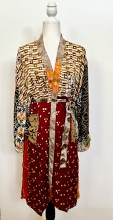 Top of the Line Silk Kimono Duster,  Complex Print (Brown)