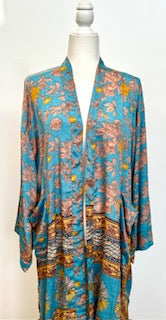 Top of the Line Silk Kimono Duster,  Complex Print (Pastel Blue)