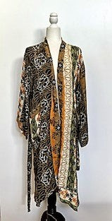 Top of the Line Silk Kimono Duster,  Complex Print (Brown)