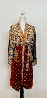 Top of the Line Silk Kimono Duster,  Complex Print (Brown)