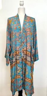 Top of the Line Silk Kimono Duster,  Complex Print (Pastel Blue)