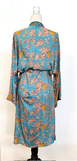 Top of the Line Silk Kimono Duster,  Complex Print (Pastel Blue)