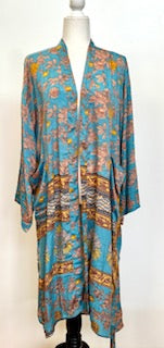 Top of the Line Silk Kimono Duster,  Complex Print (Pastel Blue)