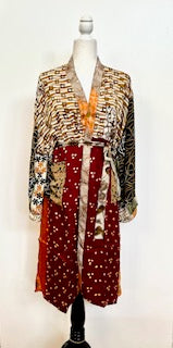 Top of the Line Silk Kimono Duster,  Complex Print (Brown)