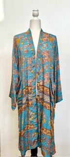 Top of the Line Silk Kimono Duster,  Complex Print (Pastel Blue)