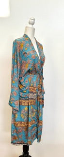 Top of the Line Silk Kimono Duster,  Complex Print (Pastel Blue)