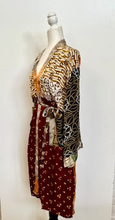 Top of the Line Silk Kimono Duster,  Complex Print (Brown)