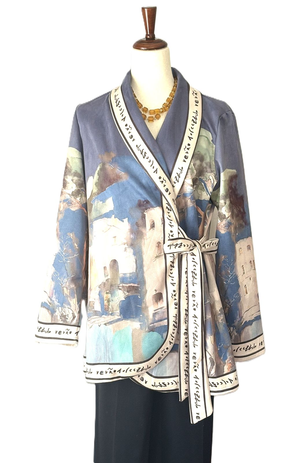 Italian Watercolor Landscape Suede Wrap Jacket: Brushed Polyester, Left-Tie Closure