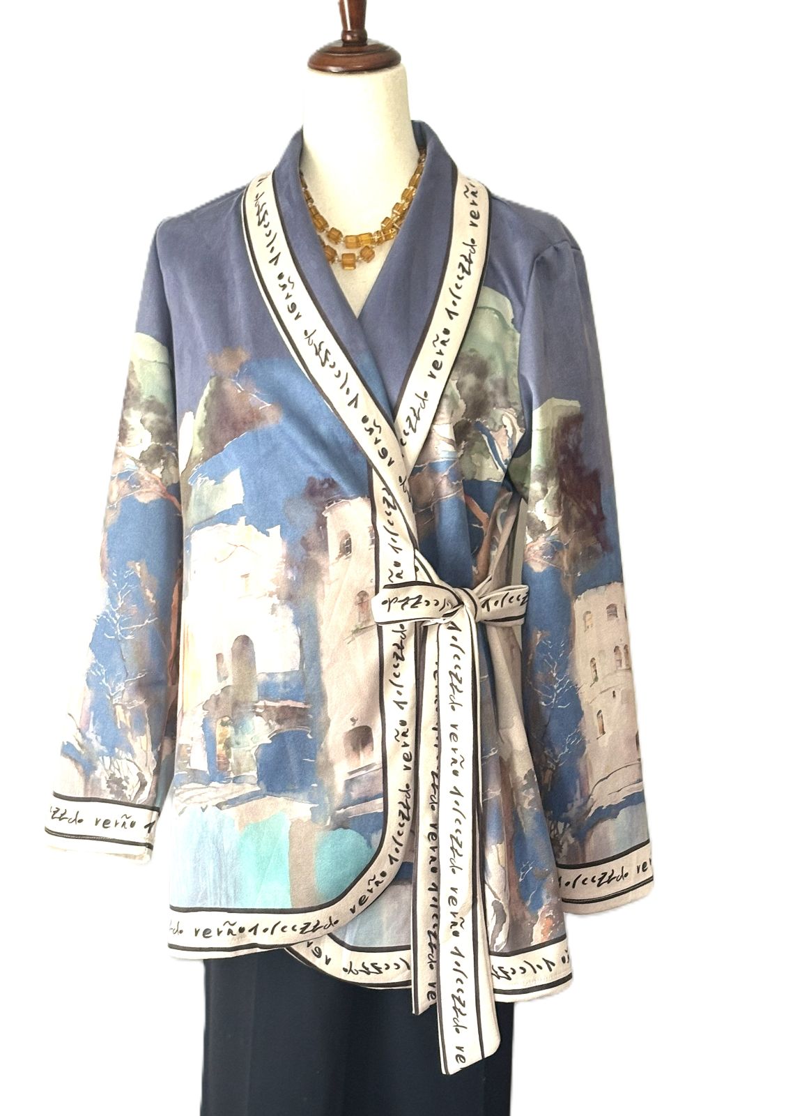 Italian Watercolor Landscape Suede Wrap Jacket: Brushed Polyester, Left-Tie Closure
