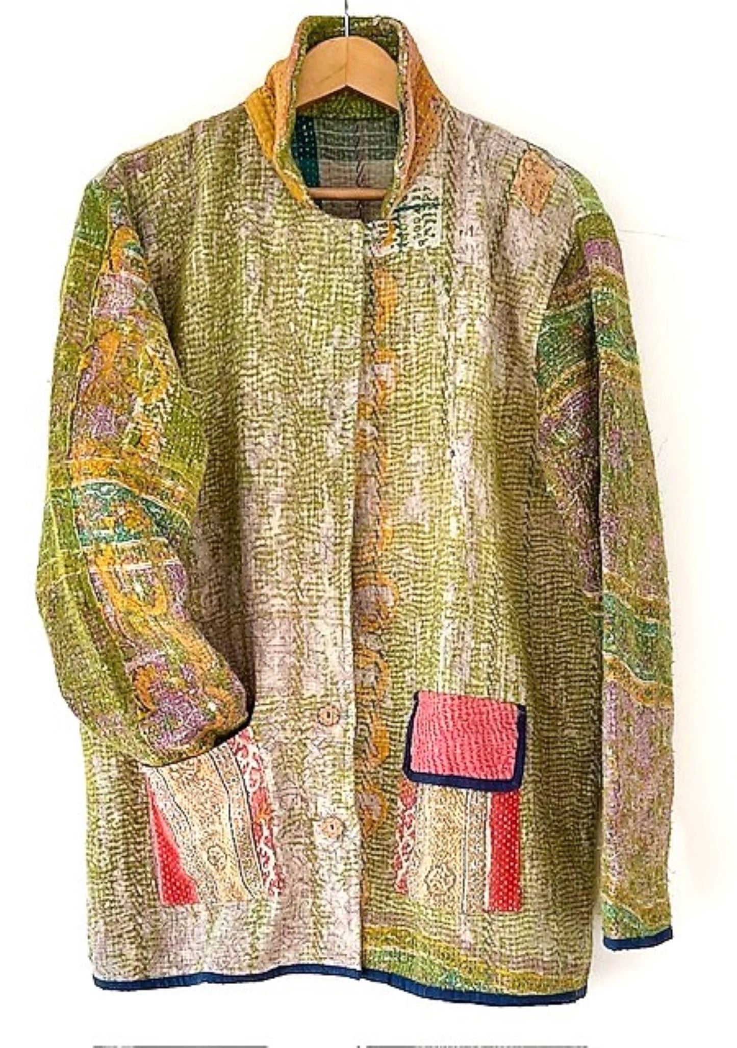 Specialty Collection: Refined, Quilted Hand Embroidered Short Jacket. Fully Reversible. (Avocado)