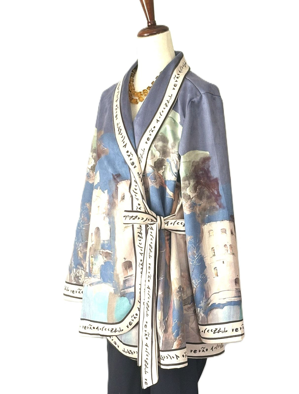 Italian Watercolor Landscape Suede Wrap Jacket: Brushed Polyester, Left-Tie Closure