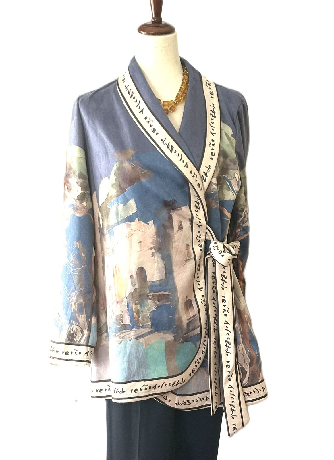 Italian Watercolor Landscape Suede Wrap Jacket: Brushed Polyester, Left-Tie Closure