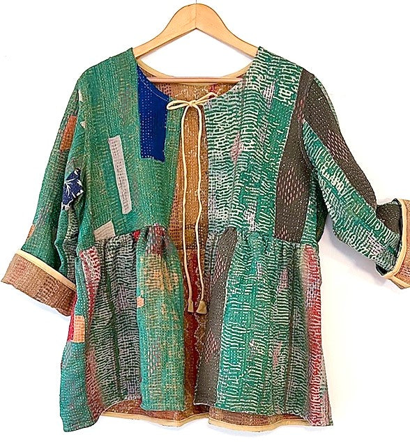 Wearable Art: Handmade Kantha Stitched Multi ColoredJacket. Swing Cut