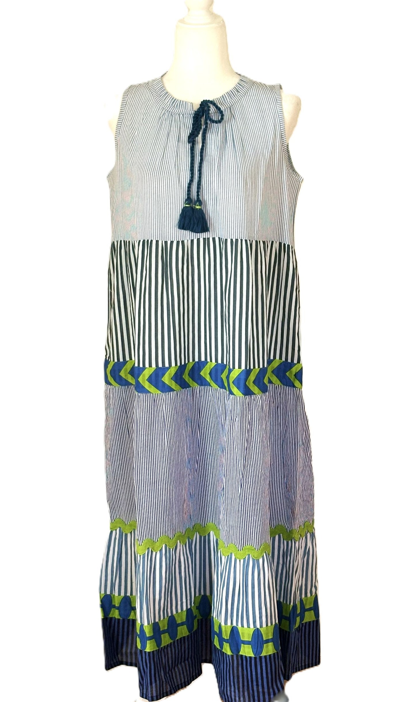 Dresses: Sleeveless Handloomed Maxi Dress With Handmade Contrast Detailing.
