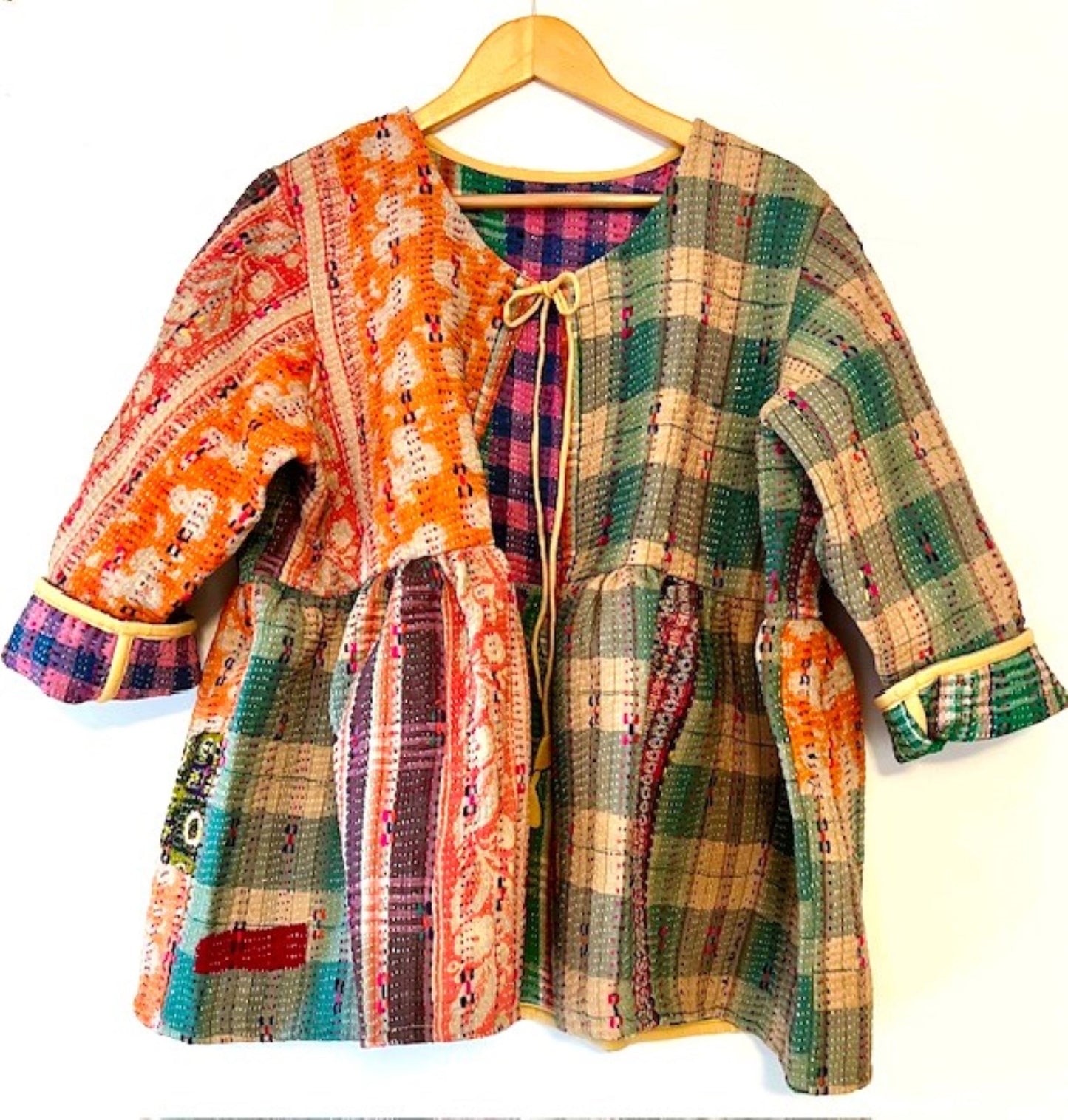 Wearable Art: Handmade Kantha Stitched Multi Colored Jacket. Swing Cut (Plaid)