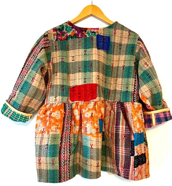 Wearable Art: Handmade Kantha Stitched Multi Colored Jacket. Swing Cut (Plaid)