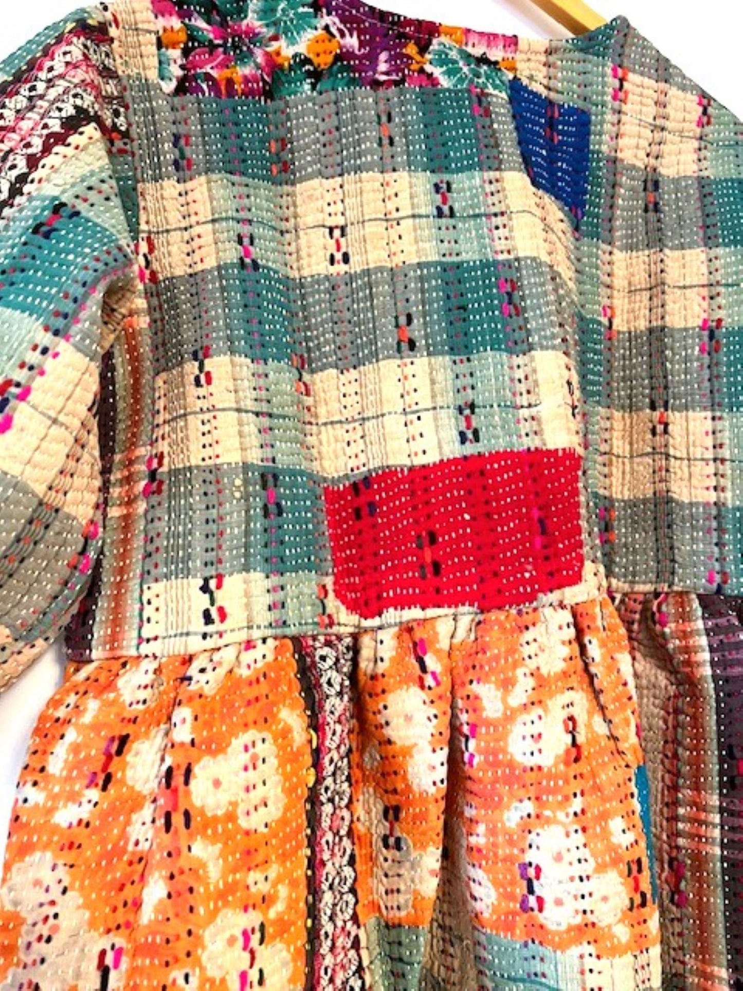 Wearable Art: Handmade Kantha Stitched Multi Colored Jacket. Swing Cut (Plaid)