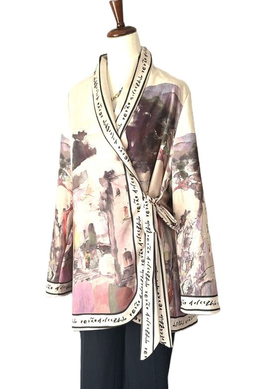 Italian Watercolor Landscape Suede Wrap Jacket: Brushed Polyester, Left-Tie Closure (Blush)