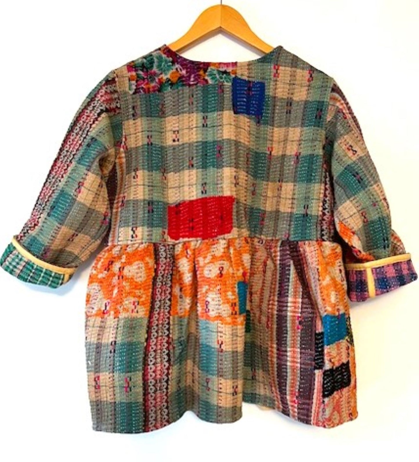 Wearable Art: Handmade Kantha Stitched Multi Colored Jacket. Swing Cut (Plaid)