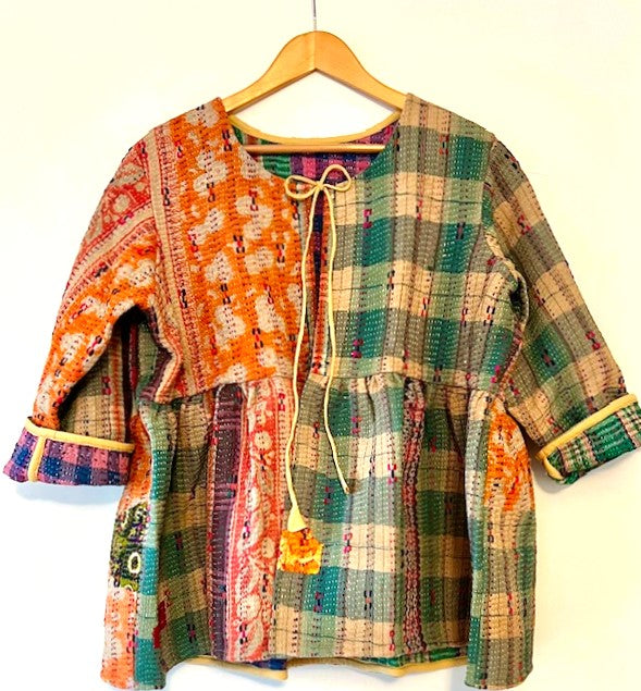 Wearable Art: Handmade Kantha Stitched Multi Colored Jacket. Swing Cut (Plaid)