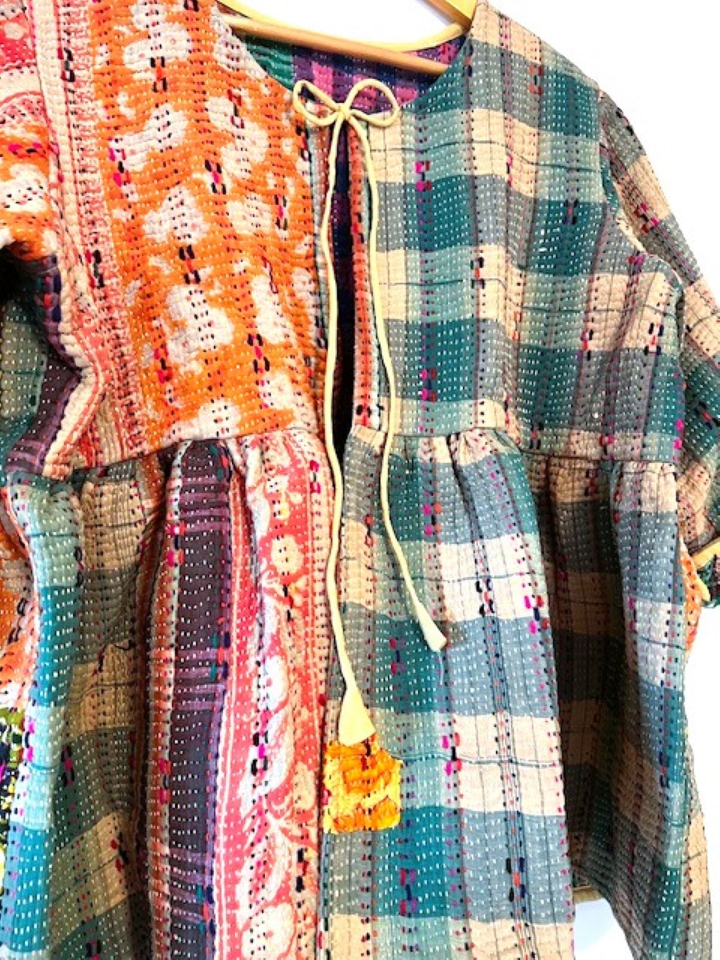 Wearable Art: Handmade Kantha Stitched Multi Colored Jacket. Swing Cut (Plaid)