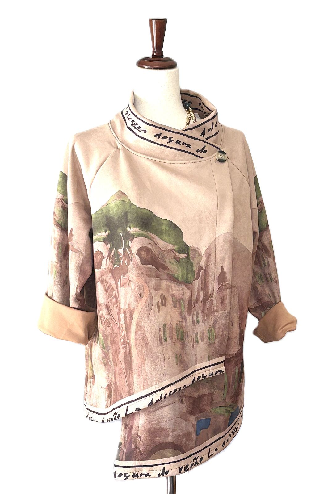 Italian Watercolor Landscape Suede Feel Envelop Cut Tunic. Brushed Polyester (Tan or Navy)