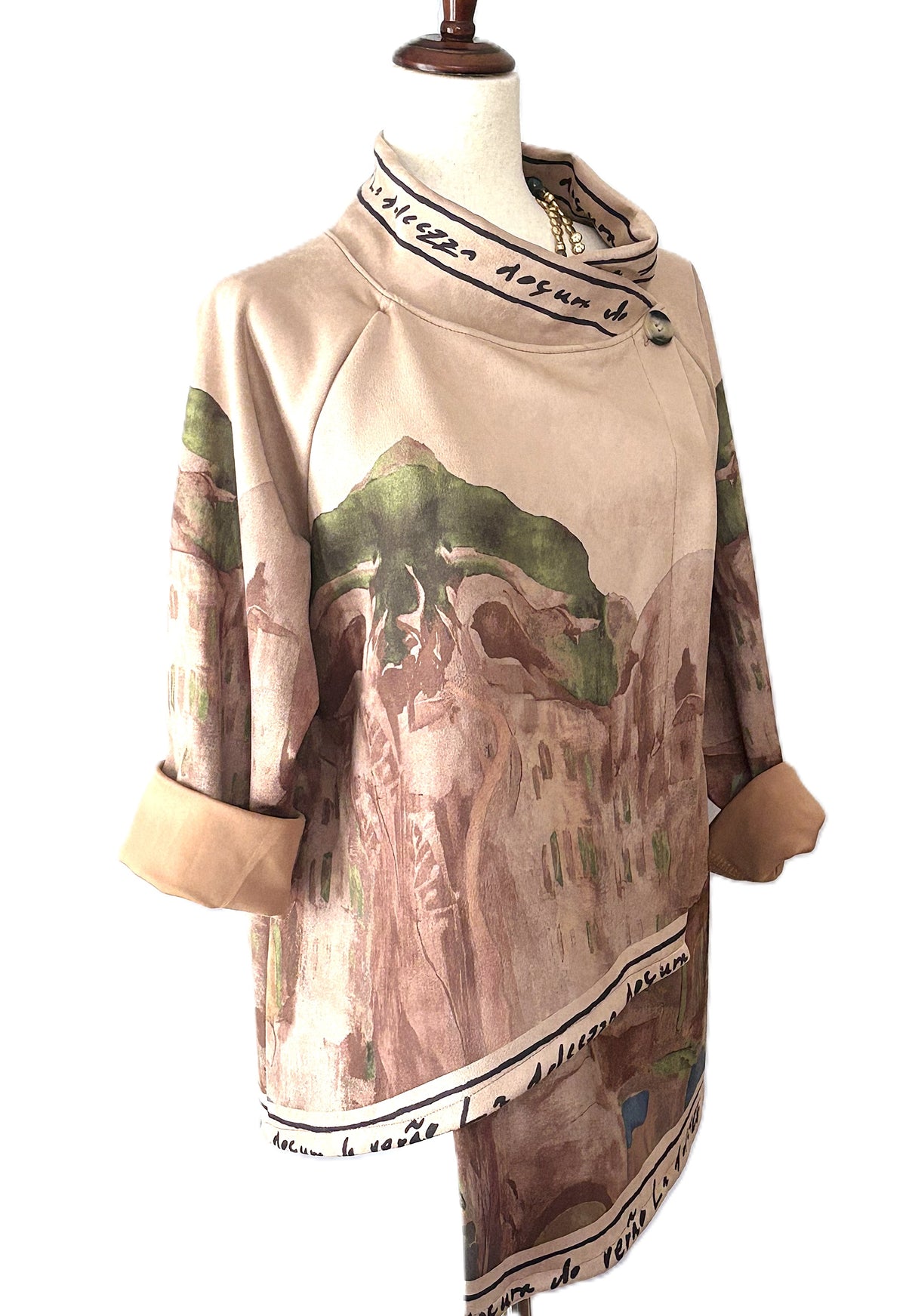 Italian Watercolor Landscape Suede Feel Envelop Cut Tunic. Brushed Polyester (Tan or Navy)