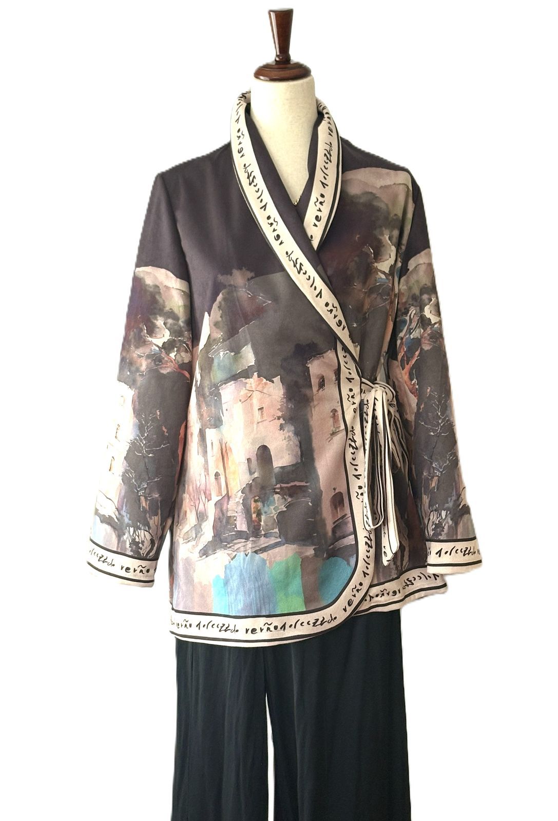 Italian Watercolor Landscape Suede Wrap Jacket: Brushed Polyester, Left-Tie Closure (Black)