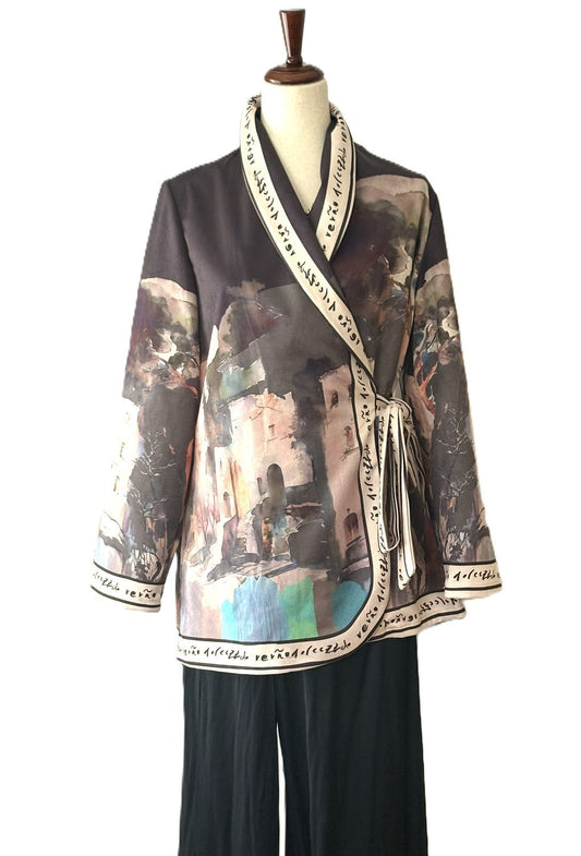 Italian Watercolor Landscape Suede Wrap Jacket: Brushed Polyester, Left-Tie Closure (Black)