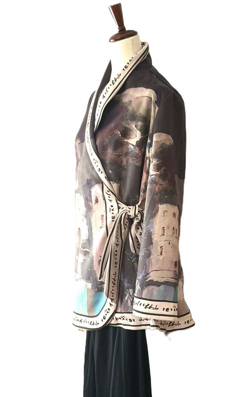 Italian Watercolor Landscape Suede Wrap Jacket: Brushed Polyester, Left-Tie Closure (Black)
