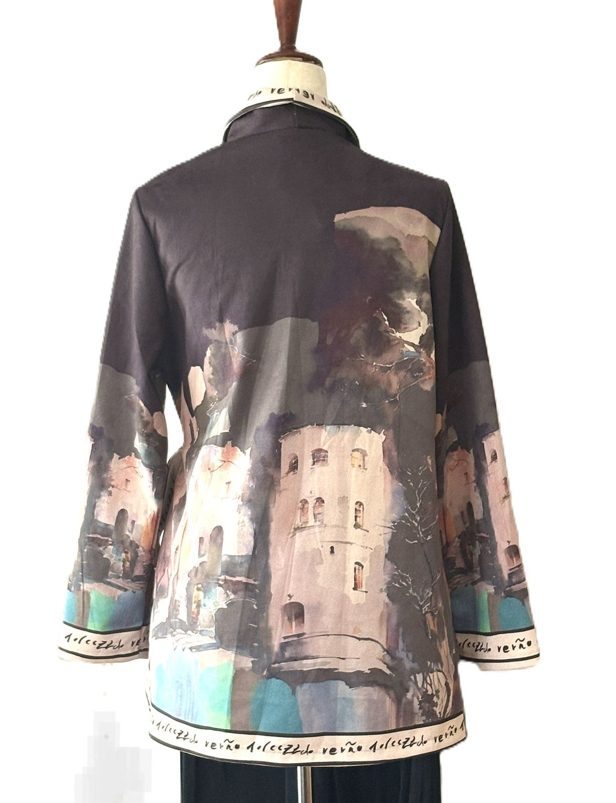 Italian Watercolor Landscape Suede Wrap Jacket: Brushed Polyester, Left-Tie Closure (Black)