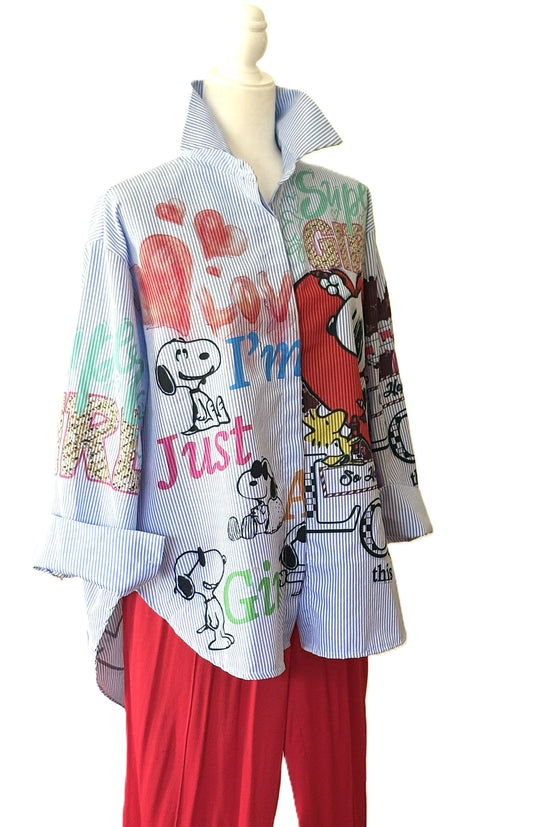 Tops: Italian, One Size Light Blue Striped Cotton "Charlie Brown".