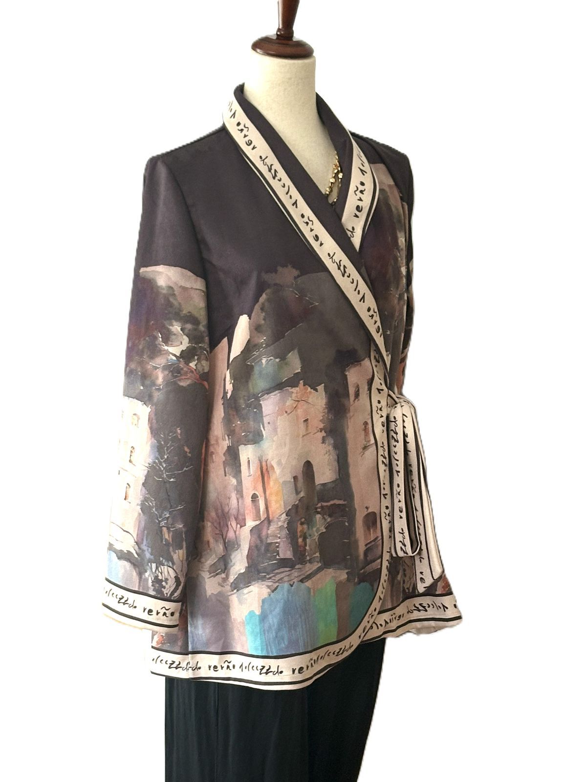 Italian Watercolor Landscape Suede Wrap Jacket: Brushed Polyester, Left-Tie Closure (Black)