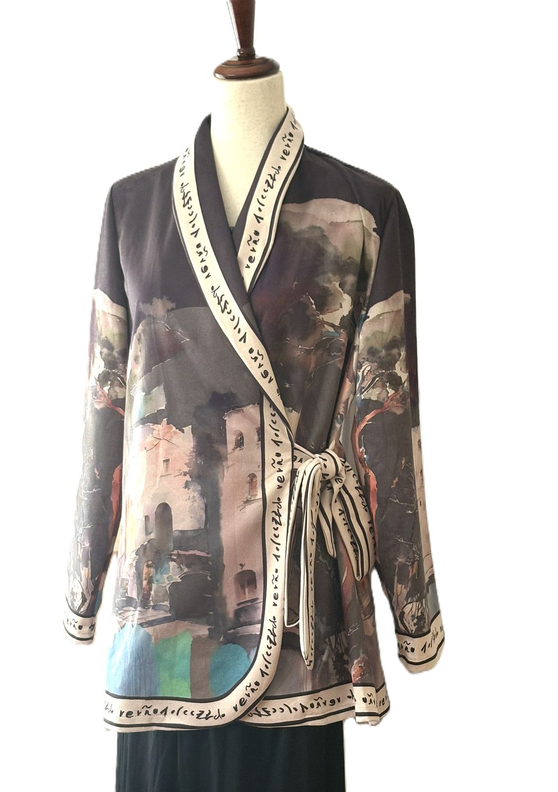 Italian Watercolor Landscape Suede Wrap Jacket: Brushed Polyester, Left-Tie Closure (Black)