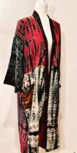 Luxury Mixed Print Silk Kimono Duster is Sophisticated (Tie Dye Red)