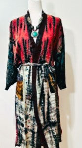 Luxury Mixed Print Silk Kimono Duster is Sophisticated (Tie Dye Red)