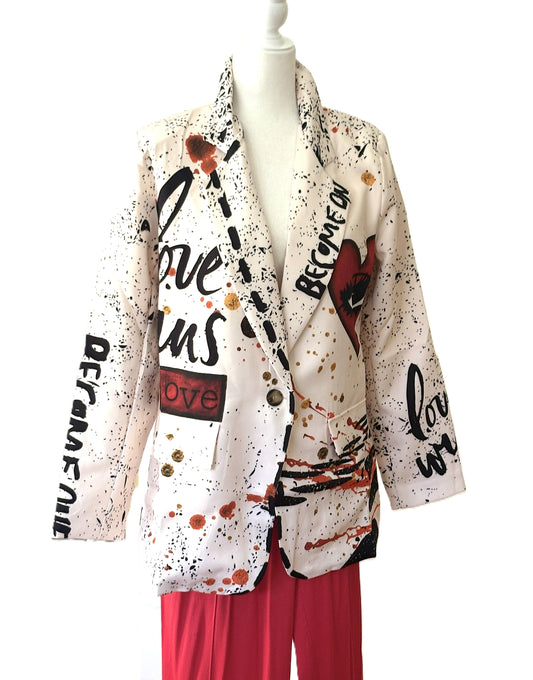 One Size Italian White Love Print Blazer