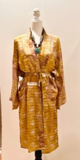 Luxury Print Silk Kimono Duster Dress is Sophisticated (Bronze Print)