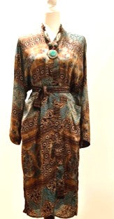 Luxury Silk Kimono Duster Dress:  Dramatic Mixed Print (Bronze/Blue)