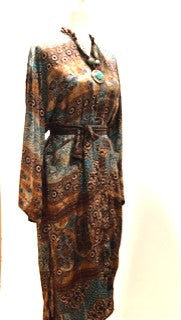 Luxury Silk Kimono Duster Dress:  Dramatic Mixed Print (Bronze/Blue)